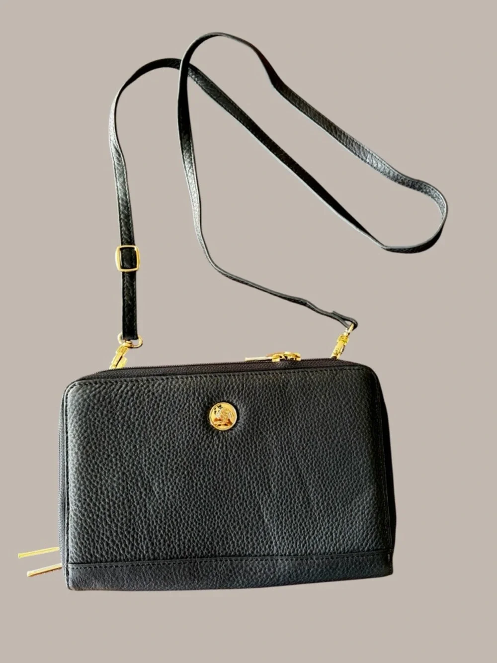 Levenger Black Pebbled Leather Crossbody with Gold Hardware
